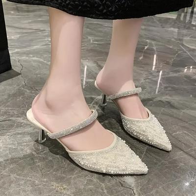 Mode 2024 Été Nouvelle Mode Strass Pointu Pantoufles à Talons Mi-hauts pour Femmes Talons Fins Pointus avec Perle Léger Haut de Gamme