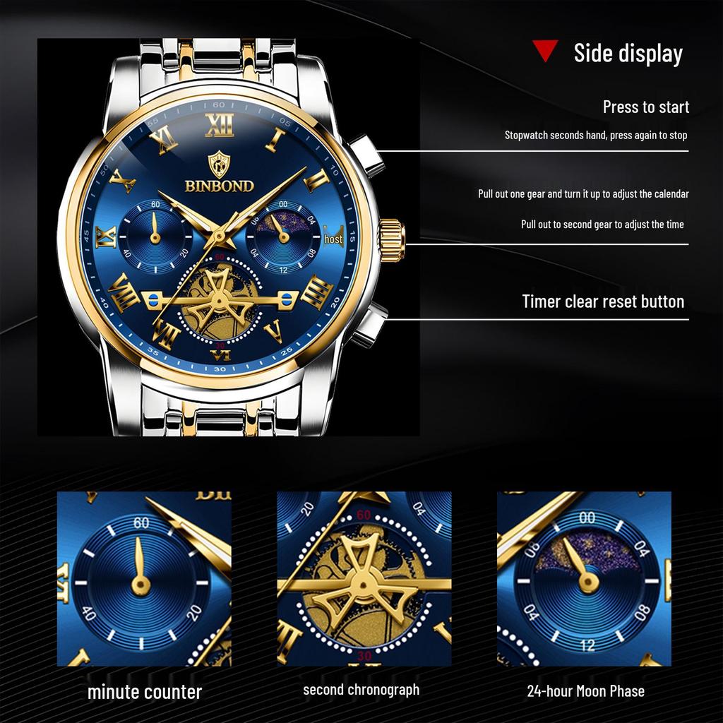 Binbang Luminous Skeleton Waterproof Quartz Men's Watch