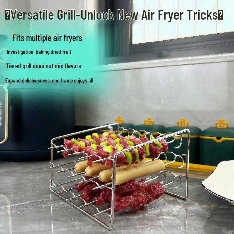 Stainless Steel 3-Layer Air Fryer Grill, Skewer, Roasting & Steaming Rack