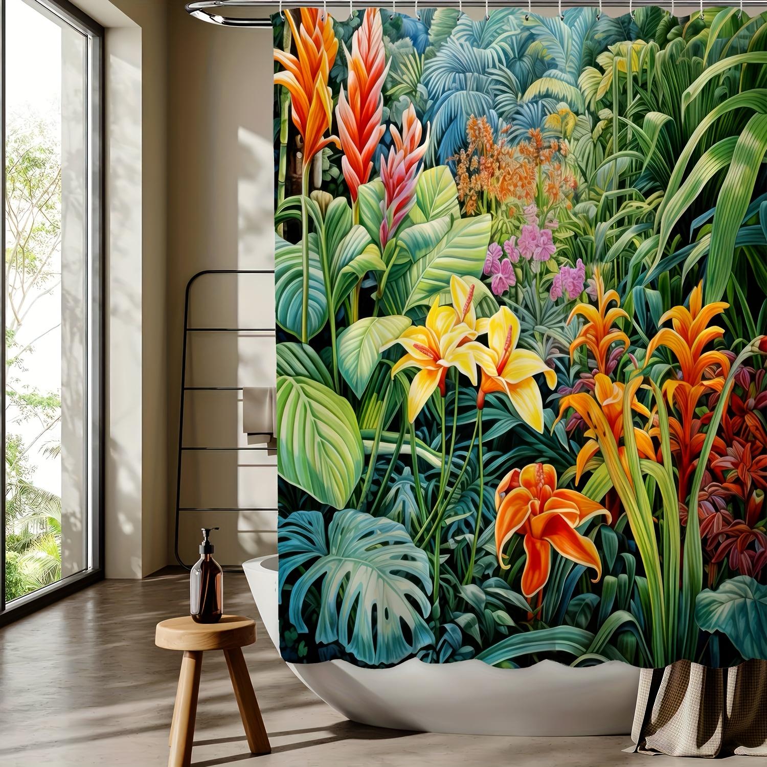 Tropical Forest Digital Print Shower Curtain, Free Hooks, Machine Washable, Jacquard Polyester, All-Season Bathroom Decor W90xH180cm