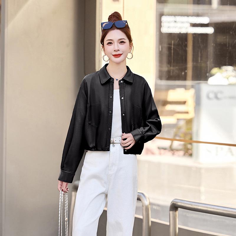 2025 Spring Women's Solid Color Loose Lapel PU Leather Jacket
