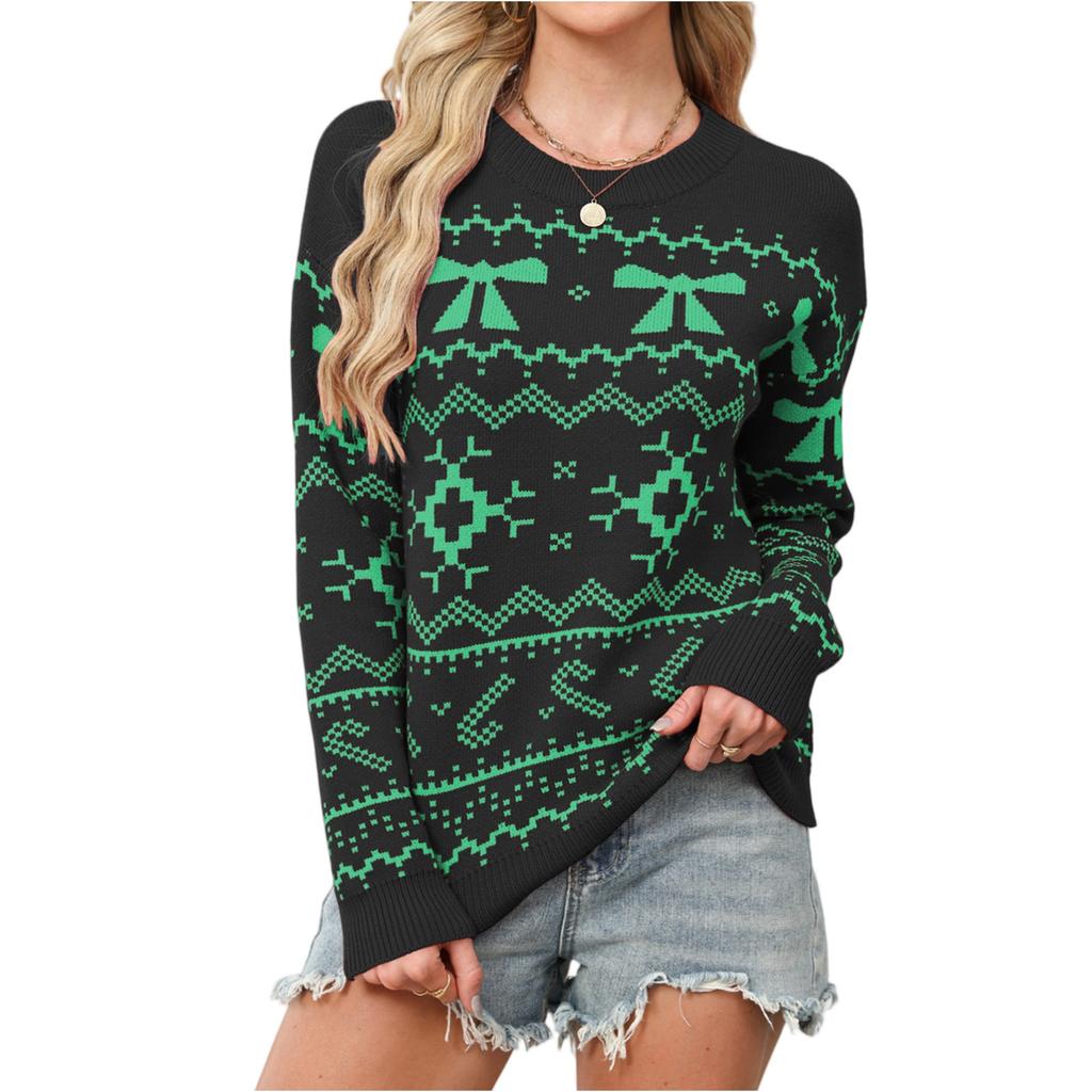 Women's Fashionable Round Neck Long Sleeved Christmas Snowflake Sweater Casual Pullover Knitted Sweater Top
