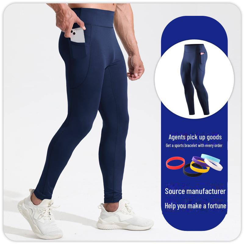 Pánské kompresní legíny s vysokým pasem - prodyšné, elastické, bezešvé fitness kalhoty s kapsami.