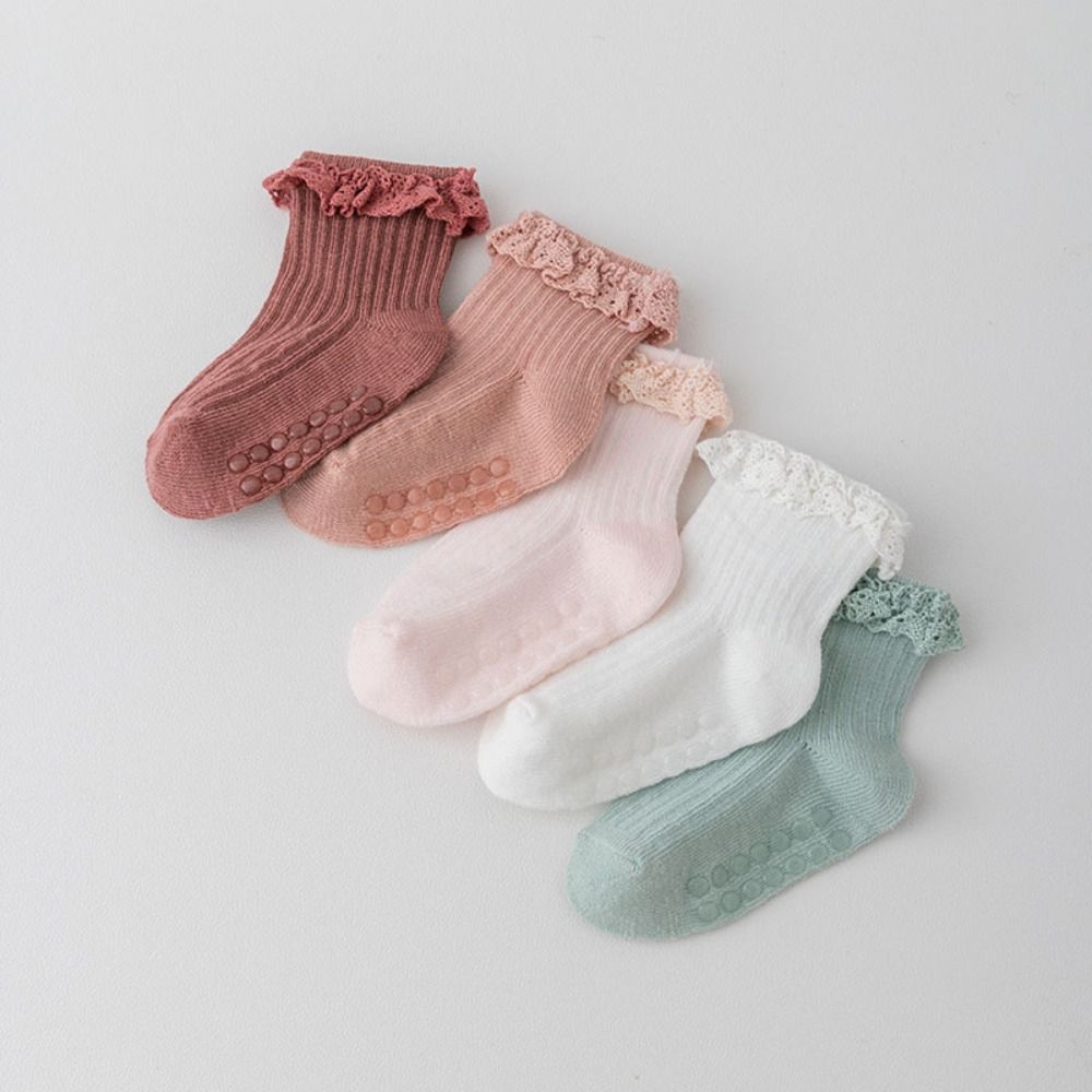 5Pairs Lace Kids Tube Sock Non-slip Toddle Walking Socks Sweet Baby Ruffle Socks  Princess