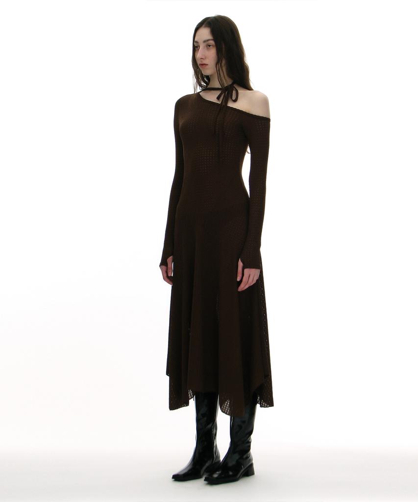 Partimento Woman Jacquard Tie-Neck Midi Dress_Brown