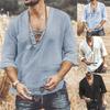 V-Neck Solid Color Men Shirt Lightweight Front Lace Up Half Sleeve T-shirt Male Clothing