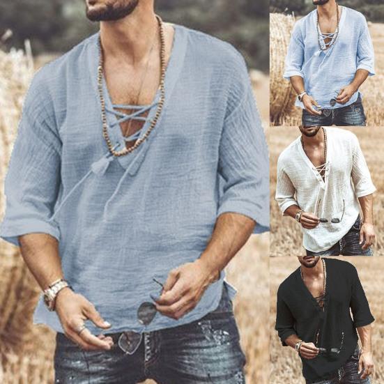 V-Neck Solid Color Men Shirt Lightweight Front Lace Up Half Sleeve T-shirt Male Clothing