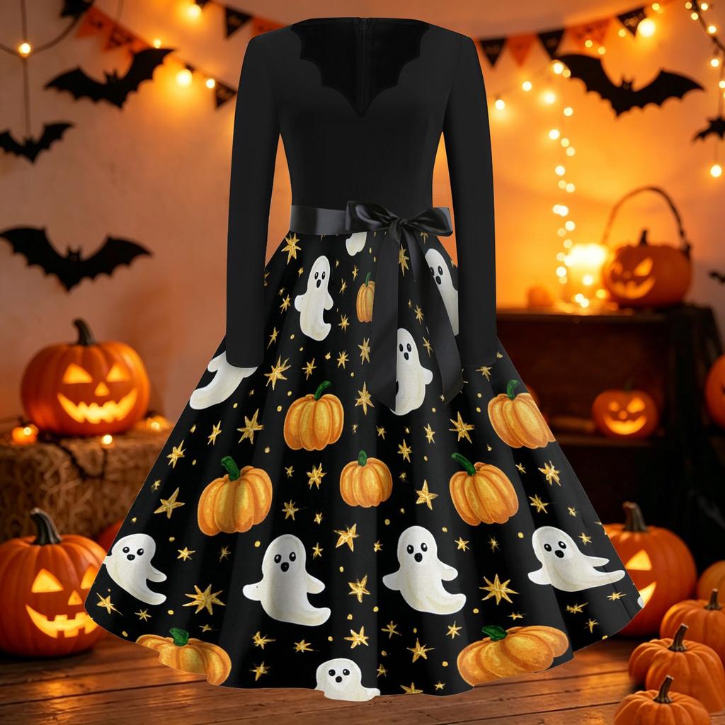 Women's Casual Halloween Print V Neck Retro Dress Long Sleeve Fit and Flare Midi Dress with Waist Tie Vintage Style