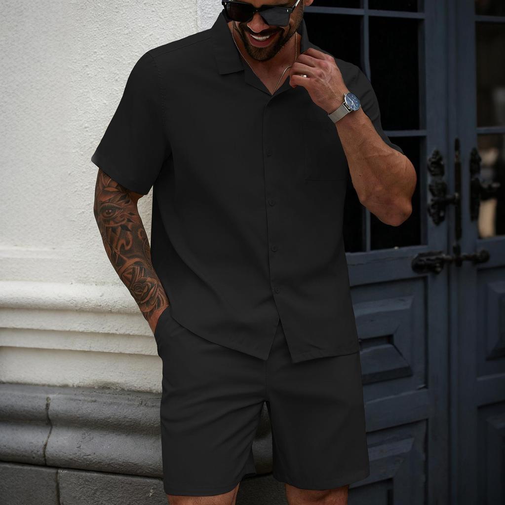 2026 Men's Plus Size Casual Solid Color Summer Shorts & Short Sleeve T-shirt Set