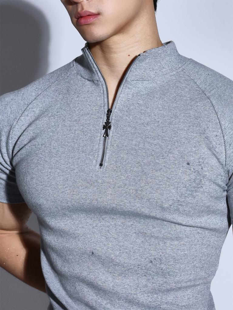 HENTLE Rib Half-Zip Body-Fit T-Shirt (Melange Gray)