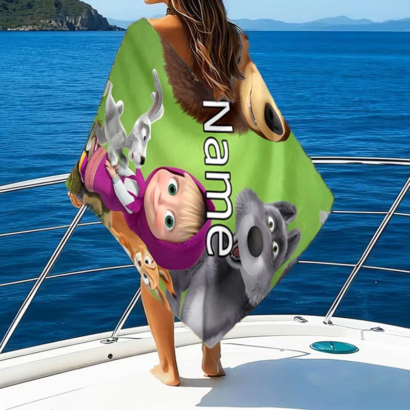 1pc Masha and the Bear4 Beach Towel with Custom Name, Beach/Swimming/Bath/Picnic/Camping Towel, Suitable for Seaside Beaches