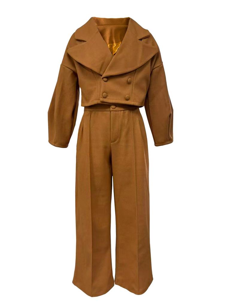 European & American Autumn/Winter Solid Color Wool Lapel Top & Casual Long Pants Set