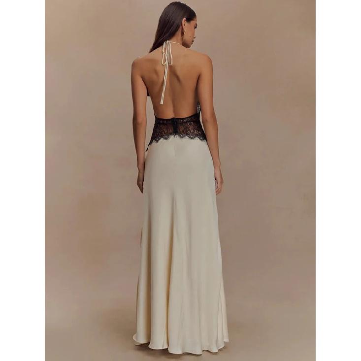 Summer Backless Sexy Maxi Dress Women Gown Patchwork Lace Halter Deep V Neck Sleeveless High Waist Elegant Long Dress