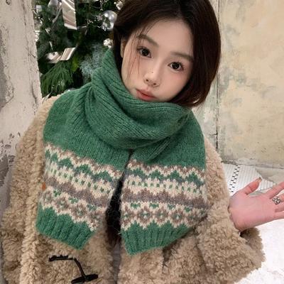 Fair Isle New Year's Knitted Wool Red Scarf Women's Winter New Korean Atmosphere Warm Scarf
