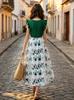 Women's Summer Floral Hi-Low Dress ,Ruffle Sleeve Green Dress with Belt, Casual Boho High Waist Long Dresses