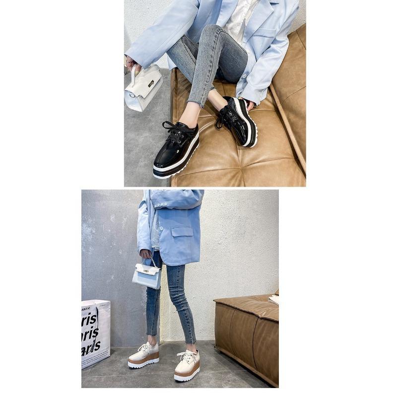 Women's Thick-soled Muffin Shoes, Women's Autumn and Winter Lace-up Square Toe Patent Leather Deep Single Shoes High-heeled Shoes