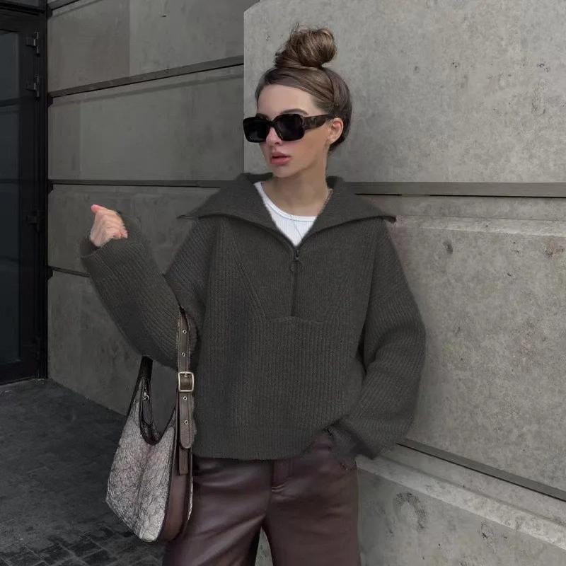 Women Vintage V-Neck Knit Pullover Sweater Long Sleeve Big Lapel Loose Casual Knitted Tops Autumn Winter Simple Fashion Kniwear Clothing