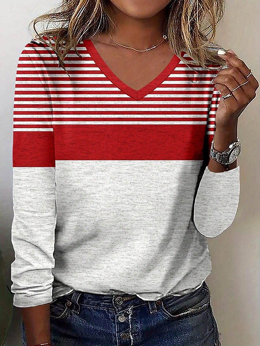 

2025 Жіноча футболка Графічна Геометрична Лінія Елегантна Модна Футболка з Довгим Рукавом Футболки V-подібний Виріз Звичайні Топи Пуловер Осінь Зима XL