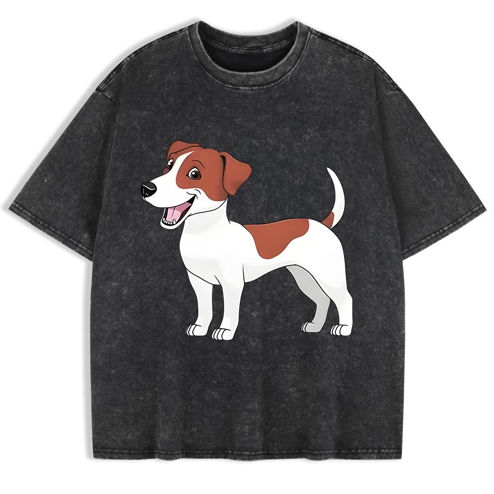 Russell Terrier Puppy Printing Washed T-Shirts Mens Cotton Short Sleeve Tops Street O-Neck Oversize T Shirt Clothes