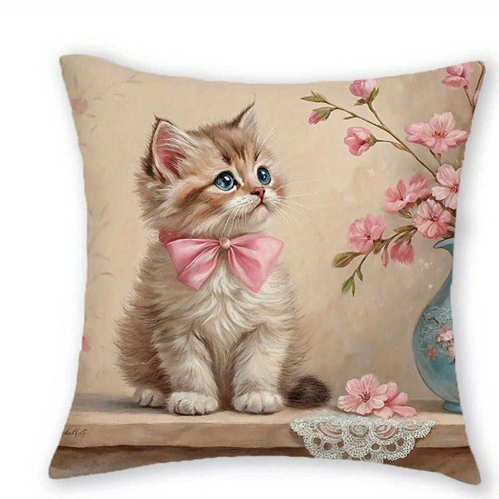 Entzückende Kätzchen-bedruckte Kissenbezüge mit rosa Schleifen und floralen Mustern Sofakissenbezug Heimzimmerdekoration 2D-Flachdruck