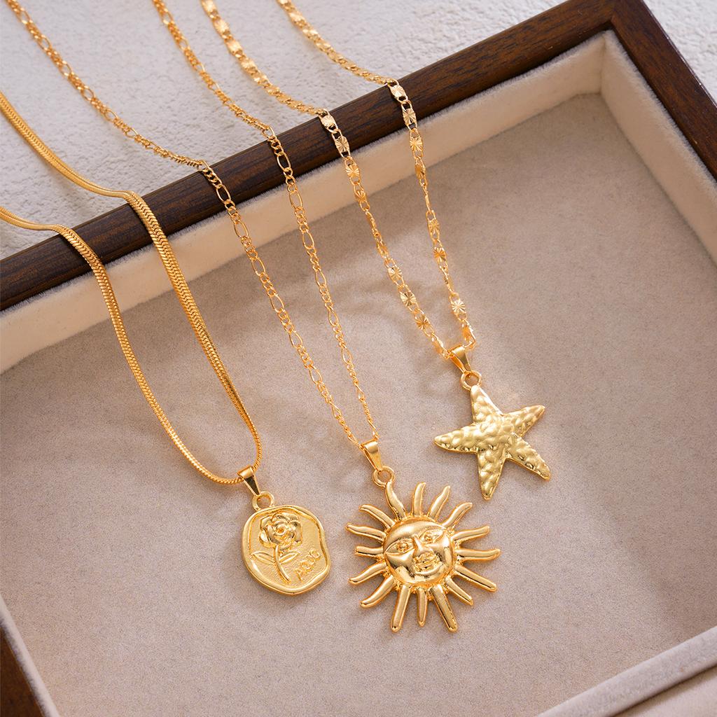 3 Pcs Fashion Sun Starfish Pendant Neckalce Set for Women Bohemia Beach Simple Roseflower Copper Metal Choker Necklace Jewelry
