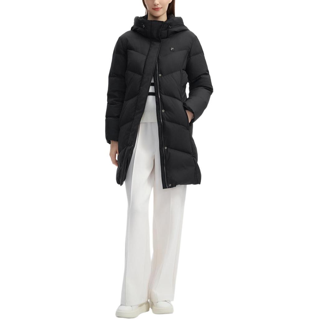 FILA Lifestyle White Logo Pattern Outdoor Casual Sports Zip-Up Hooded Warm Down Jacket Women Jacket Black F11W443903FBK
