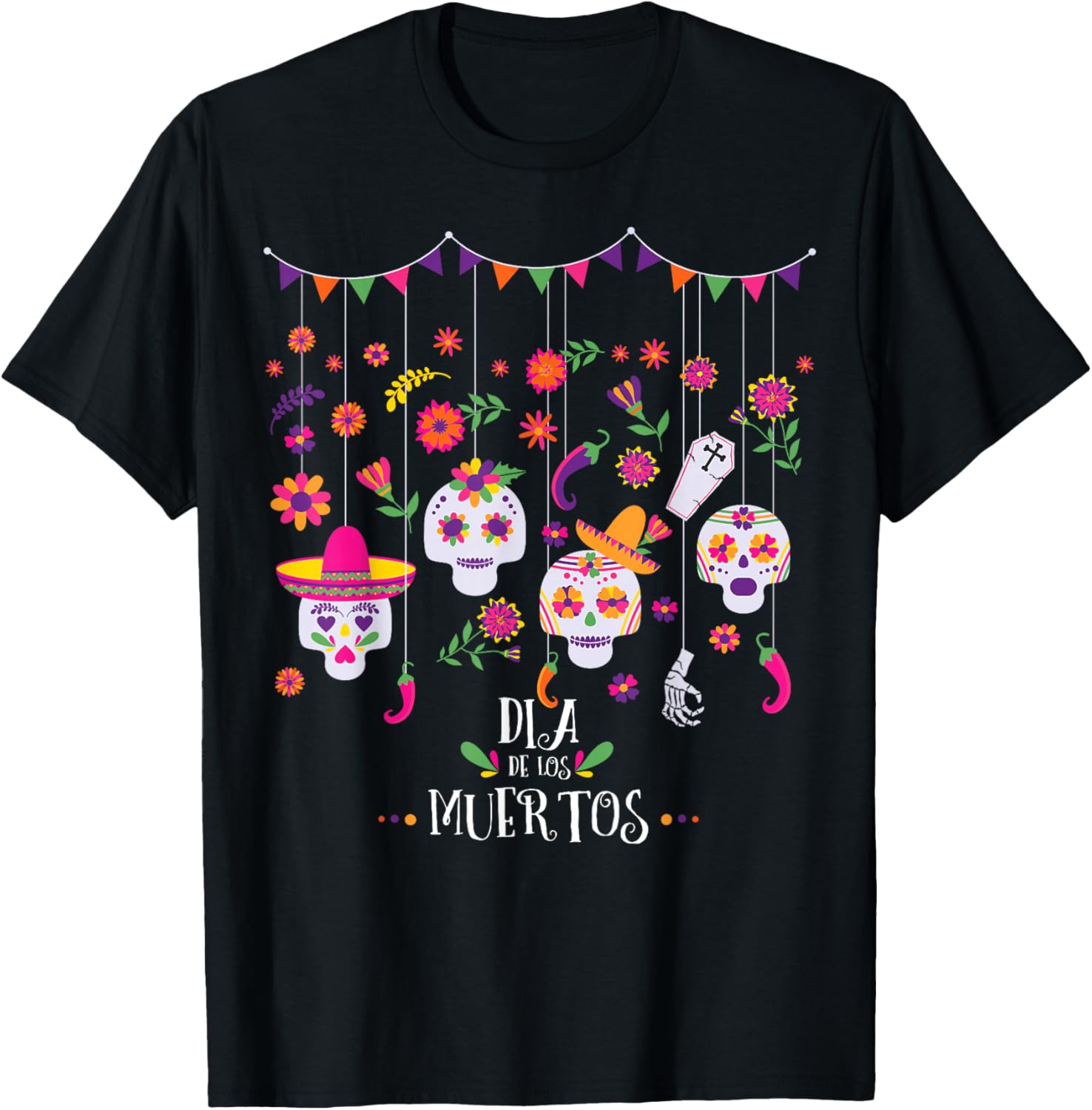 Vibrant Sugar Calavera Skulls Day of Dead Dia De Los Muertos T-Shirt S