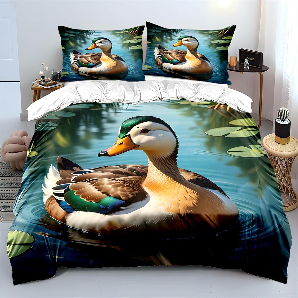 Colorful Duck Swimming In Pond Print Soft Comfortable Duvet Cover Bedding Set Included 1*Duvet Cover 2*Pillowcases for Gifts