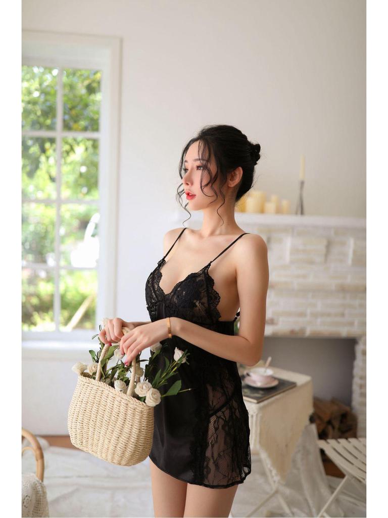 Sexy Temptation Lace Ice Silk Nightdress - Erotic Backless Lingerie for Women