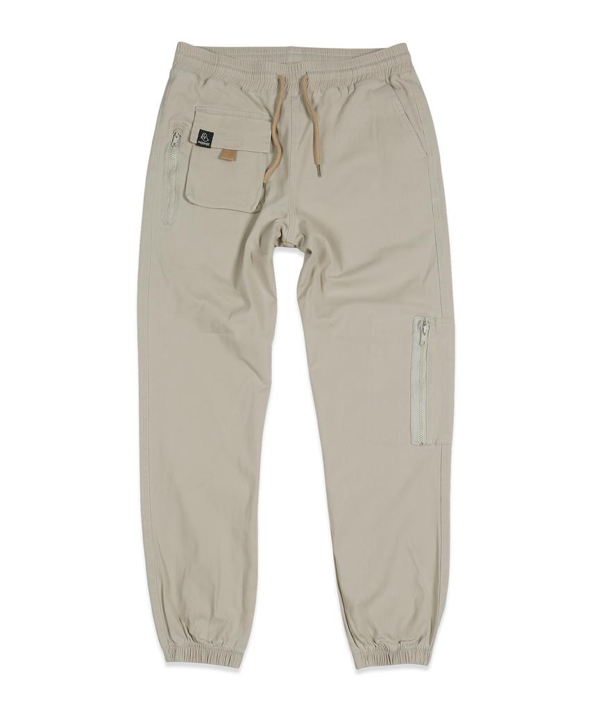 MOZMOZ Front Pocket Zipper Cotton Elastic Waist Big Size Jogger Pants Light Beige