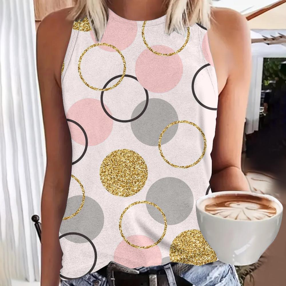 Women's 3D polka dot printed sleeveless T-shirt, round neck off shoulder retro casual vest, Y2K sleeveless top, T-shirt, women's clothing