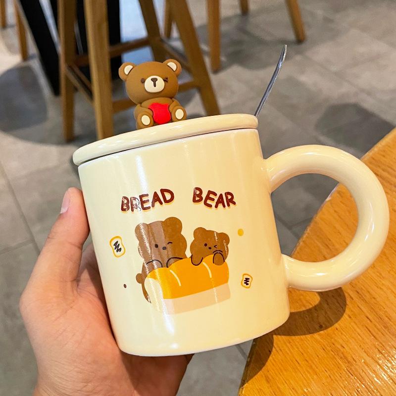 Kreative Keramiktasse mit Bär, Niedliche Cartoon-Kaffeetassen mit Deckel und Löffel, Frühstücks-Milchgetränkebecher, Wasserbecher für Paare, Bürotassen-Set