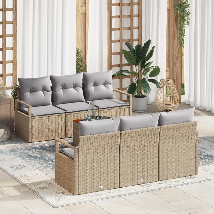 Ensemble de canapé de jardin 7 pièces vidaXL avec coussins beiges en poly rattan acacia, Canapé de jardin 2 places vidaXL 3347651
