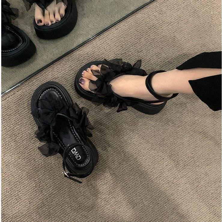 2024 Summer Exquisite Women's Fairy Sandals: Height-Enhancing, Thick-Soled, Bowknot Design, Perfect for Dresses and Beach Outings