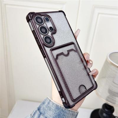 Glitter Plating Wallet Card Slot Phone Case For Samsung S25 S24 S23 S22 Ultra Plus Shockproof Soft Silicone Transparent Cover