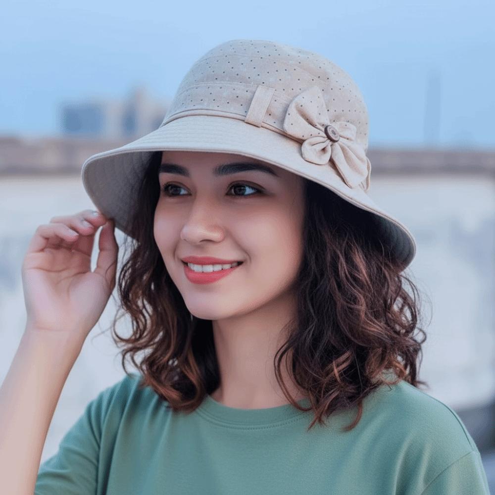 Thin Bucket Hat Button Elderly People's Large Brim Cap Bow Fisherman Hat Sun Protection