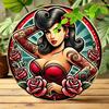 Pc Vintage PinUp Girl Round Aluminum Sign Xcm Retro Red Dress Floral Design Bold Red Roses Tattooed Woman