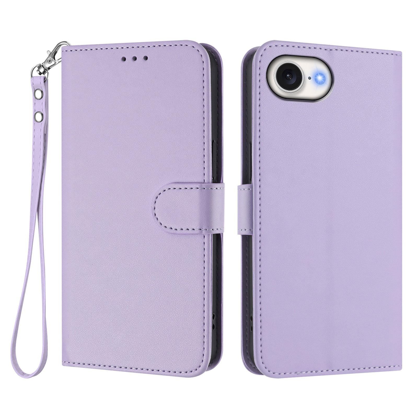 

For iPhone 16e Leather Case Wallet Stand Phone Cover with Wrist Strap Light Purple