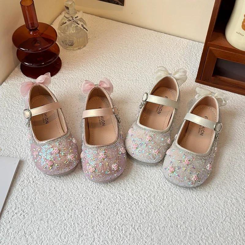 Mädchen Ballerinas Schnürung hinten Schleifen Kinder Prinzessin Schuhe Blumen Süß 2025 Neu Kinder Lederschuhe Runde Zehen Glänzende Pailletten Rutschfest
