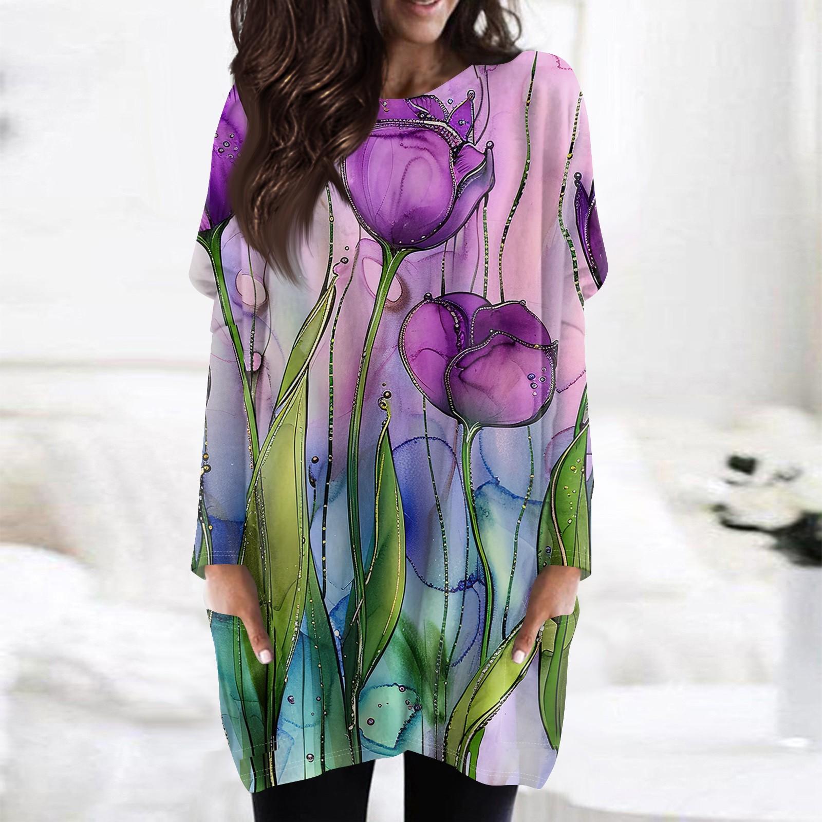 

Женская модная повседневная футболка с длинным рукавом и принтом, круглым вырезом и двойным карманом, топ L