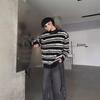Men's Plush Mohair Black & White Striped Sweater - High-End Simple Knitted Design