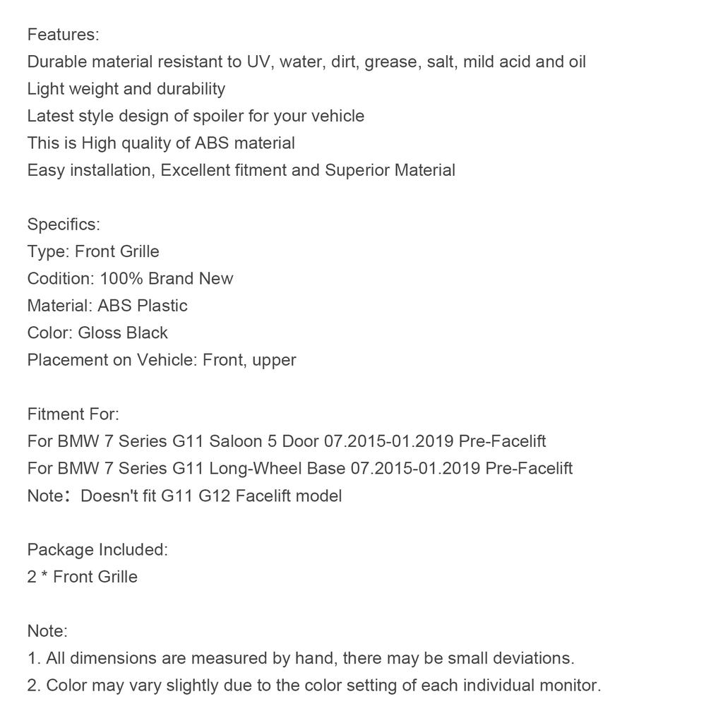 Black 2 Slat Front Kidney Grill Grille Fit BMW 7 Series G11 G12 2016-18 Pre-LCI