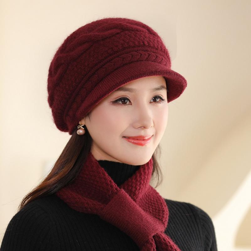 Scarf, Hat Sets Middle Aged Old Aged Mother Hat with Velvet Thickened Rabbit Hair Warm Basin Hat with Fried Dough Twists Autumn Winter