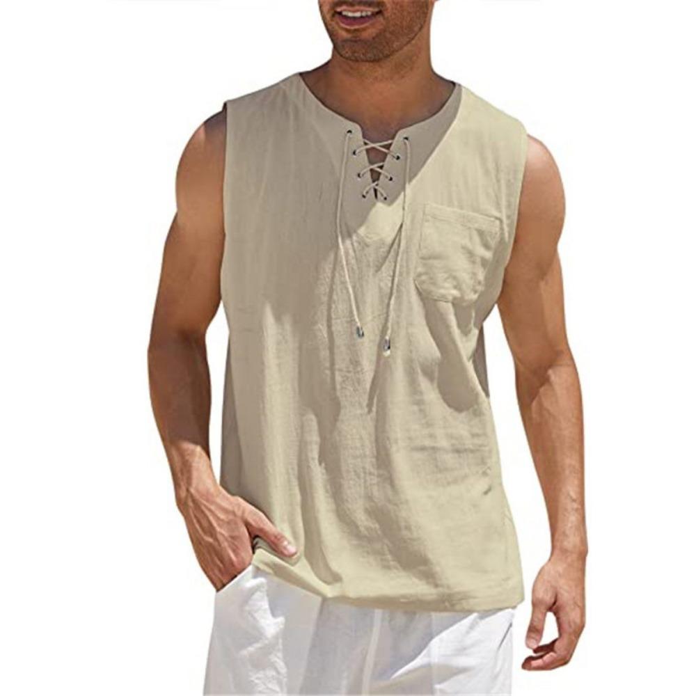 New Men's Sleeveless Top with Tie Up Stand Collar Pullover Shirt