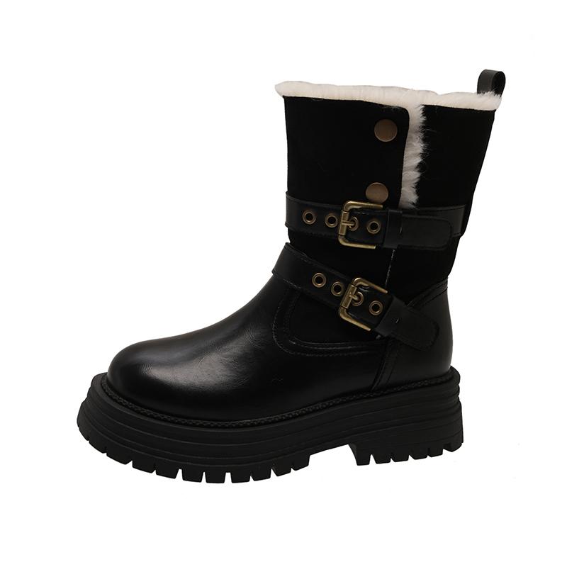 Mode Winter Warm Fellige Dicke Absätze Damen Stiefeletten Halten Mode Gürtelschnalle Kurze Stiefeletten Schuhe Zapatos Mujer