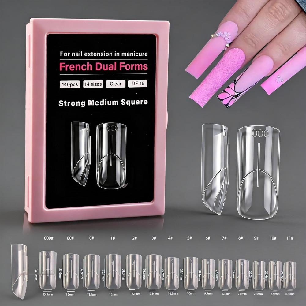 140pcs Ultra-thin French Nail Forms 14 Sizes Quick Extension Nail Extension Forms Transparent Perfect C-curve Nail Dual Forms