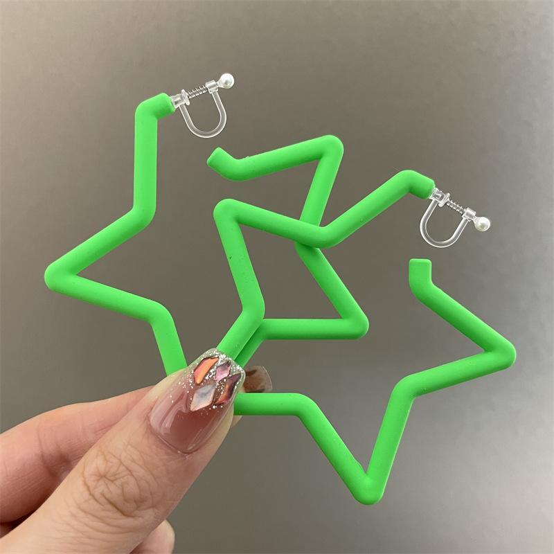 Colorful Earrings with Fluorescent Effect, Featuring Exaggerated Personality, Five-pointed Star-shaped Ear Holes, Ear Clips and Dangling Fringes.