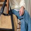 Womens 2025 Woven Straw Tote Bag Large Capacity Shoulder Minimalist Chic Design Soft PU Interior Casual Travel Use