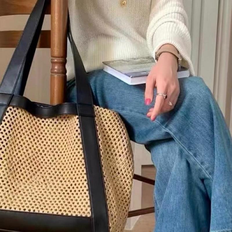 Womens 2025 Woven Straw Tote Bag Large Capacity Shoulder Minimalist Chic Design Soft PU Interior Casual Travel Use