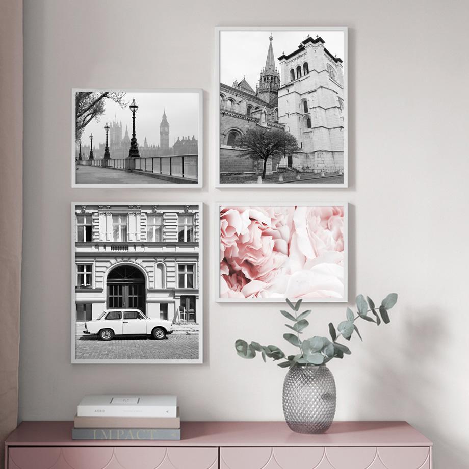 Nordic Vintage Plakát Balkon Pařížská věž Pivoňka Květ Žena Nástěnný Umělecký obraz Nástěnné malby na plátně Obrazy pro výzdobu obývacího pokoje